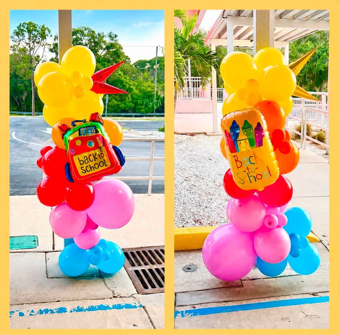 Two bright balloon columns topped with Back to School foil balloons